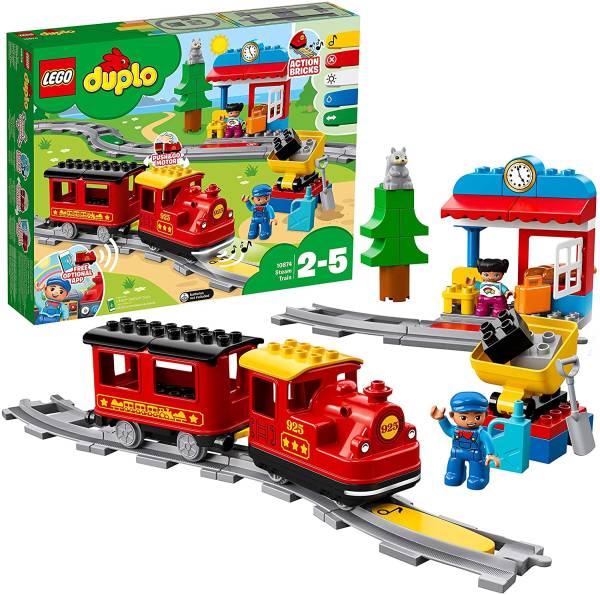 LEGO 10874 DUPLO Dampfeisenbahn, Spielzeugeisenbahn mit Licht & Geräuschen und Push-&-Go-Motor, Spie